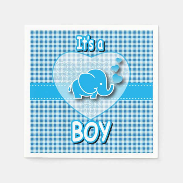 Guardanapo De Papel É uma Xadrez branca, azul com elefante bebê (Frente)