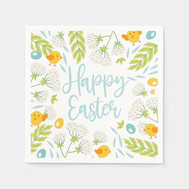 Guardanapo De Papel Easter Chicks Spring Floral Foliage  (Frente)