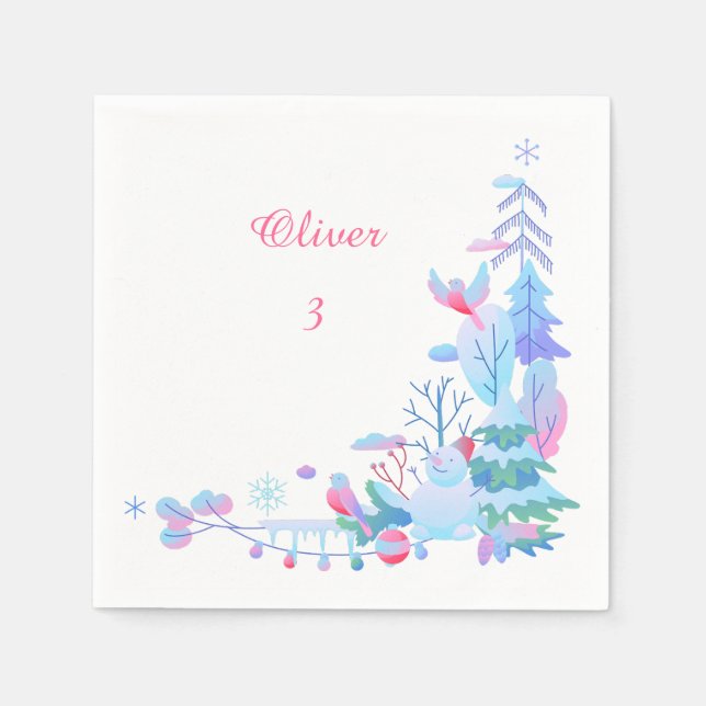 Guardanapo De Papel Editable Name & Age Napkins | Winter Woodland Baby (Frente)