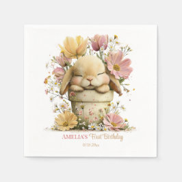 Guardanapo De Papel Editable Peach Gingham Bunny 1st Birthday Decor,