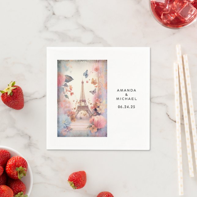 Guardanapo De Papel Eiffel Tower Butterflies and Flowers Wedding (Insitu)