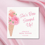 Guardanapo De Papel Ela foi esfregada no Chá de panela Sorvete<br><div class="desc">Este guardanapo de chá de panela com o tema do sorvete bonito é decorado com florais de aquarela e um cone de sorvete. O texto diz,  "Ela foi esfregada!" na tipografia de na moda rosa. Facilmente personalizável. Original Watercolor © Michele Davies.</div>