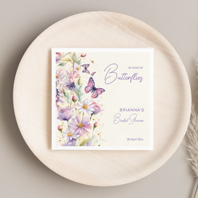Guardanapo De Papel Ele me dá borboletas no chá de panela impresso (He gives me butterflies pastel lavender enchanted garden bridal shower printed template napkins )