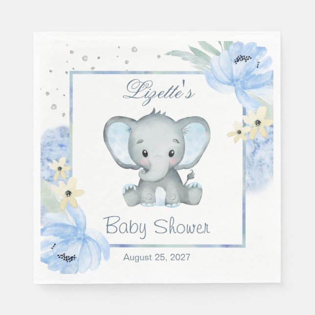 Guardanapo De Papel Elefante Azul Floral Papel para Chá para Bebê (Frente)