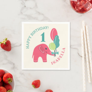 Guardanapo De Papel Elefante com Balões Meninas 1º Aniversário