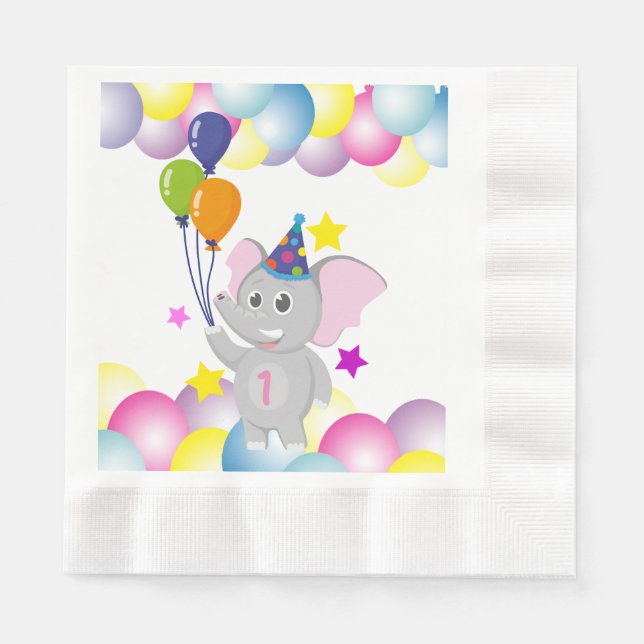 Guardanapo De Papel Elefante de aniversário bonito com balões (Frente)