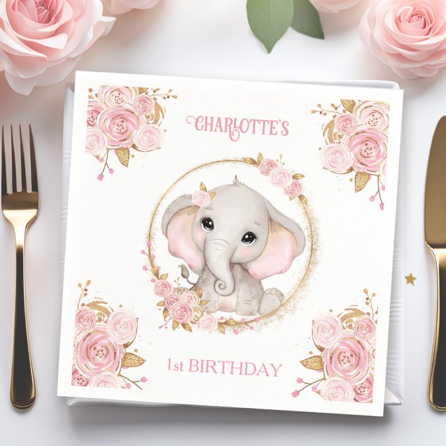 Guardanapo De Papel Elefante Garota Rosa primeiro aniversario Floral N (Elephant Girl Pink Floral 1st Birthday Napkins)