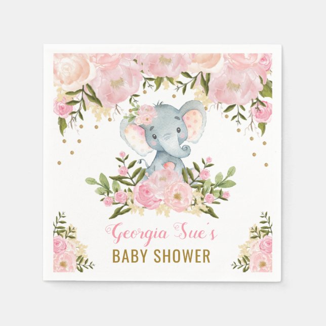 Guardanapo De Papel Elefante Rosa bonito / Floral de Aquarela Feminina (Frente)