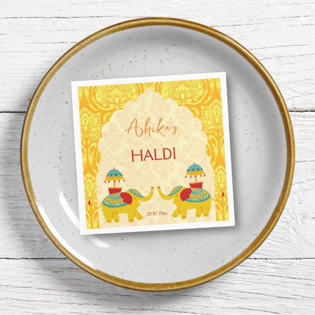 Guardanapo De Papel Elefantes do casamento indiano Haldi amarelo (Haldi napkins yellow jolly Indian wedding cute elephants arch border yellow pattern background)
