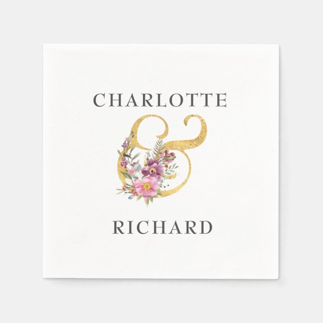 Guardanapo De Papel Elegância Simples, Ampersand Dourado com Florais R (Frente)