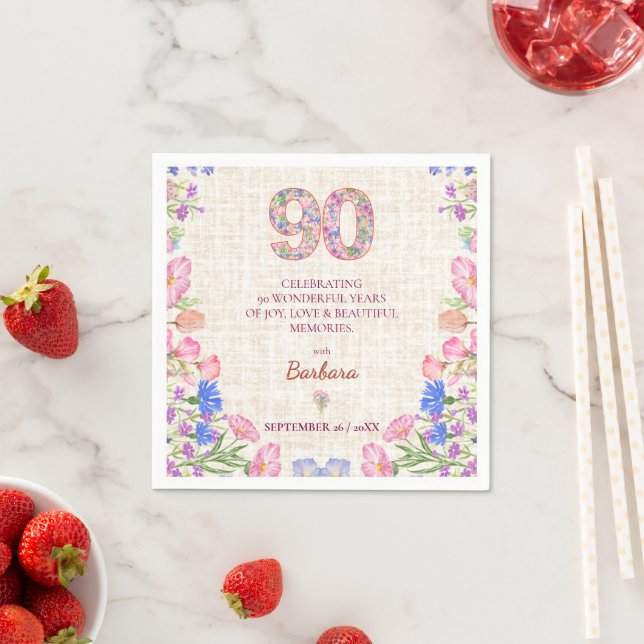 Guardanapo De Papel Elegant 90th Birthday for Her - Pink Flowers (Insitu)
