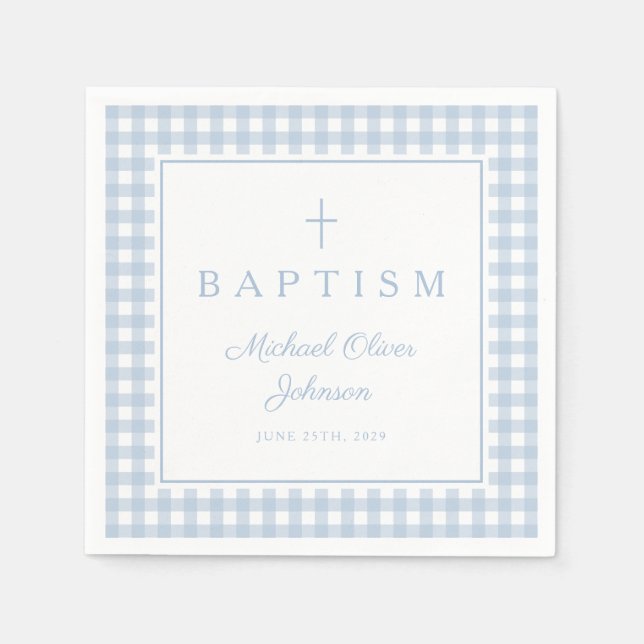 Guardanapo De Papel Elegant Baby Blue Gingham Boy Baptism (Frente)