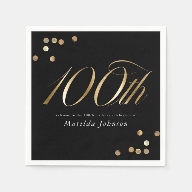 Guardanapo De Papel Elegant Black and Gold 100th Birthday Party (Frente)