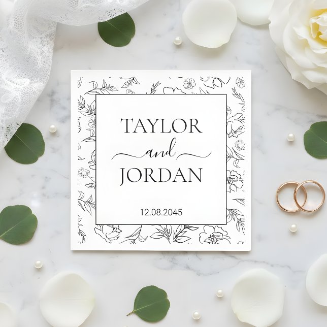 Guardanapo De Papel Elegant Black & White Floral Wedding Custom Napkin (Criador carregado)