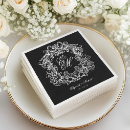 Guardanapo De Papel Elegant Black White Monogram Crest Script Wedding