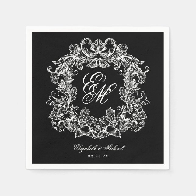 Guardanapo De Papel Elegant Black White Monogram Crest Script Wedding (Frente)