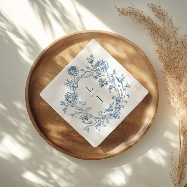 Guardanapo De Papel Elegant Blue Floral Crest Monogram Wedding (Criador carregado)