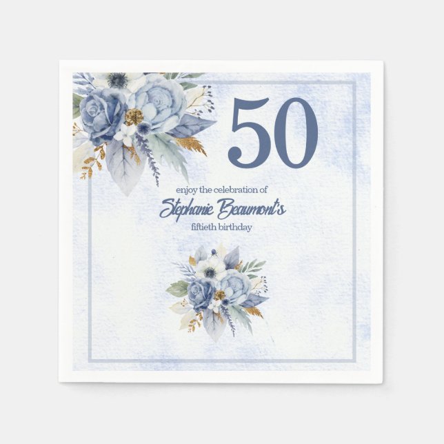 Guardanapo De Papel Elegant Blue Florals Women's 50th Birthday Party (Frente)