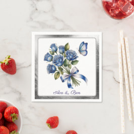 Guardanapo De Papel Elegant Blue Roses and Butterfly Silver Wedding