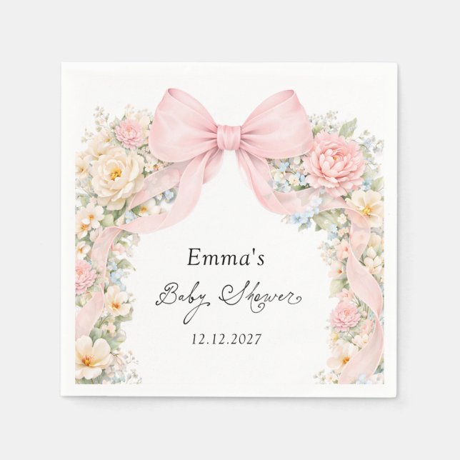 Guardanapo De Papel Elegant Blush Pink Bow Floral Baby Shower (Frente)