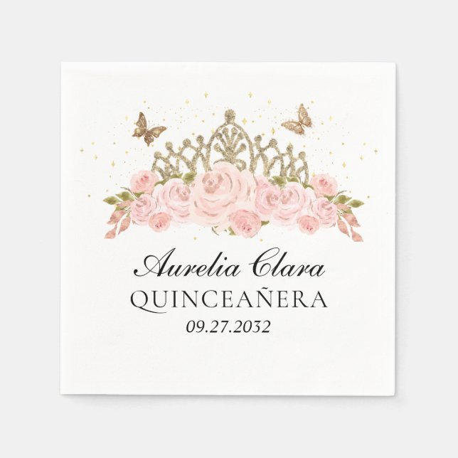 Guardanapo De Papel Elegant Blush Pink Floral Gold Tiara Quinceanera (Frente)
