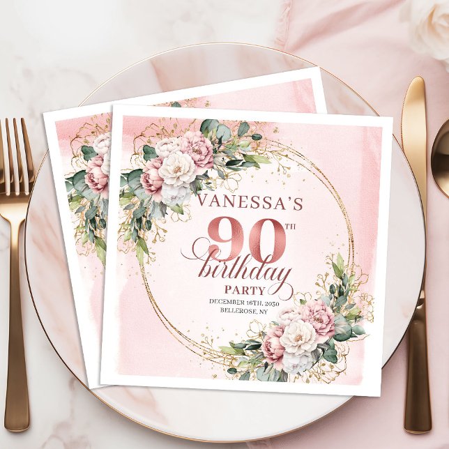 Guardanapo De Papel Elegant Boho Blush Pink Floral 90th Birthday Party (Elegant Blush Pink Floral 90th Birthday Party Napkins)