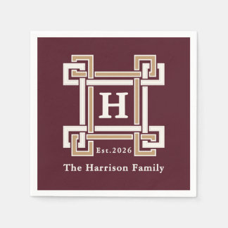 Guardanapo De Papel Elegant Burgundy Greek Key Monogram Custom