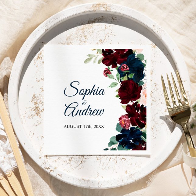 Guardanapo De Papel Elegant Burgundy & Navy Floral  Wedding Napkins (Criador carregado)