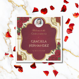 Guardanapo De Papel Elegant Burgundy Red & Gold Rose Quinceañera 