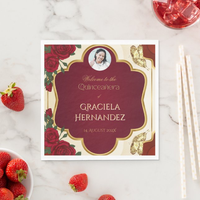 Guardanapo De Papel Elegant Burgundy Red & Gold Rose Quinceañera  (Insitu)