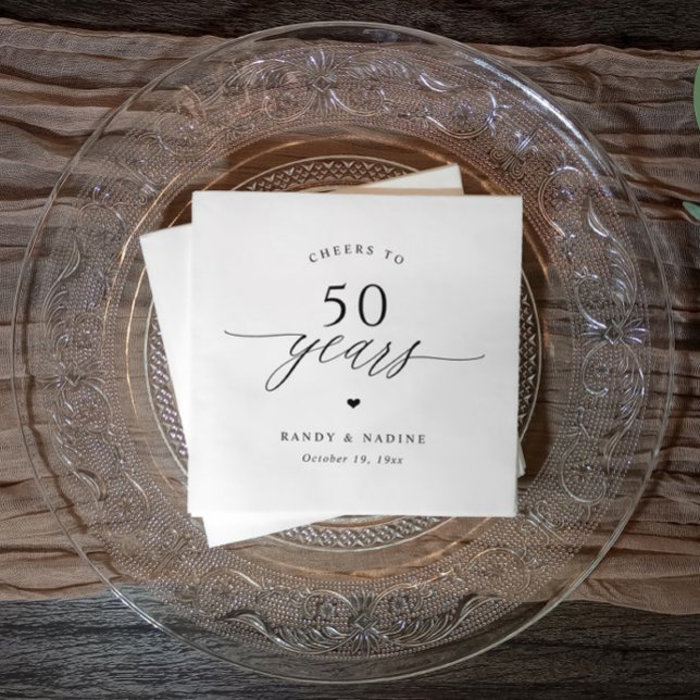 Guardanapo De Papel Elegant Cheers 50th Wedding Anniversary Party (Black and white cheers to 50 years cocktail napkins with elegant script)