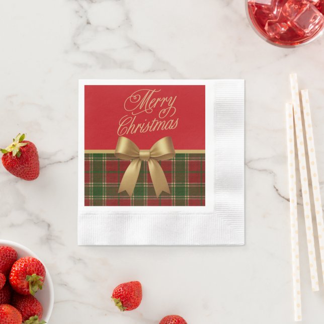 Guardanapo De Papel Elegant Christmas Plaid Napkin with Gold Bow (Insitu)