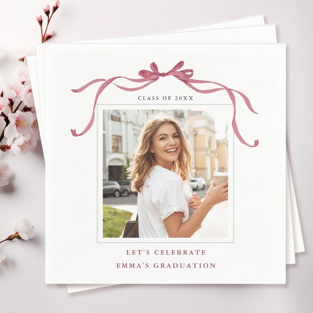 Guardanapo De Papel Elegant Deep Blush Ribbon Bow Graduation Photo (Criador carregado)