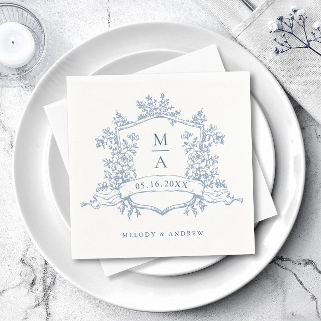 Guardanapo De Papel Elegant Dusty Blue Floral Crest Monograms Wedding (Criador carregado)
