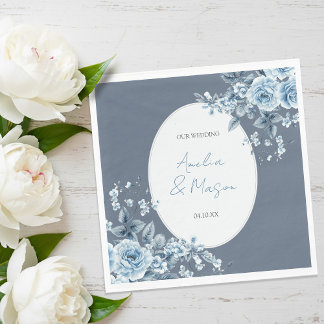 Guardanapo De Papel Elegant Dusty Blue Floral Script Wedding 