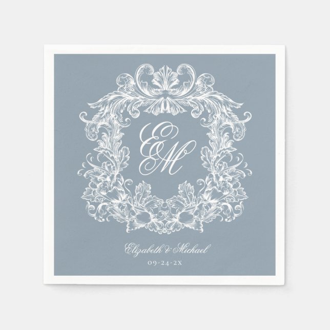 Guardanapo De Papel Elegant Dusty Blue Monogram Crest Script Wedding (Frente)