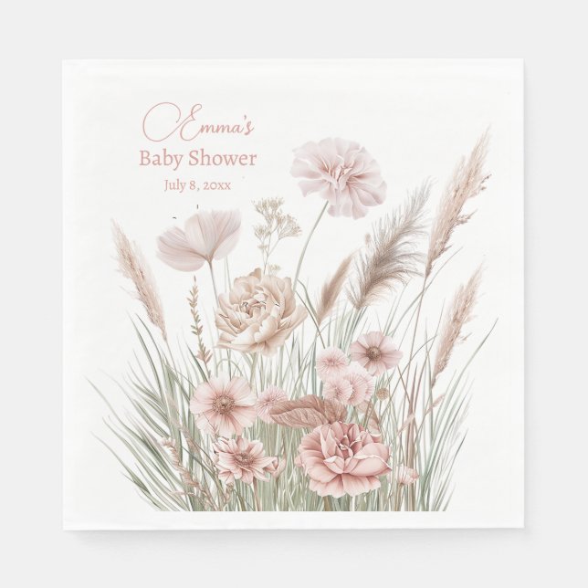 Guardanapo De Papel Elegant Dusty Rose Meadow Flowers Baby Shower (Frente)