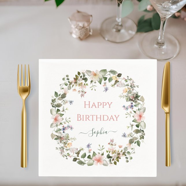Guardanapo De Papel Elegant Floral Birthday – Custom Name Party Napkin (Criador carregado)