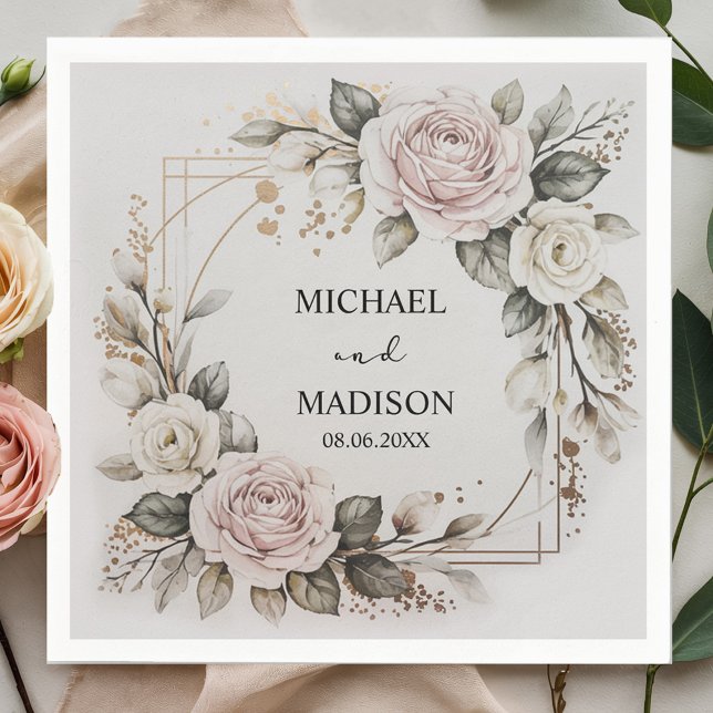 Guardanapo De Papel Elegant Floral Wedding Custom Names & Date Gold  (Criador carregado)