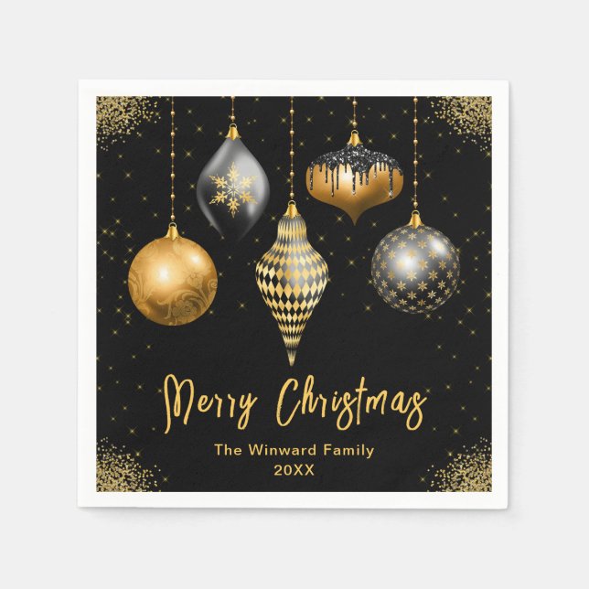 Guardanapo De Papel Elegant Gold and Black Ornament Christmas (Frente)