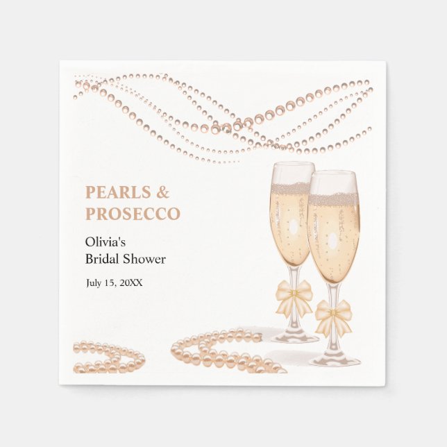 Guardanapo De Papel Elegant Gold Bow Pearls and Prosecco Bridal Shower (Frente)