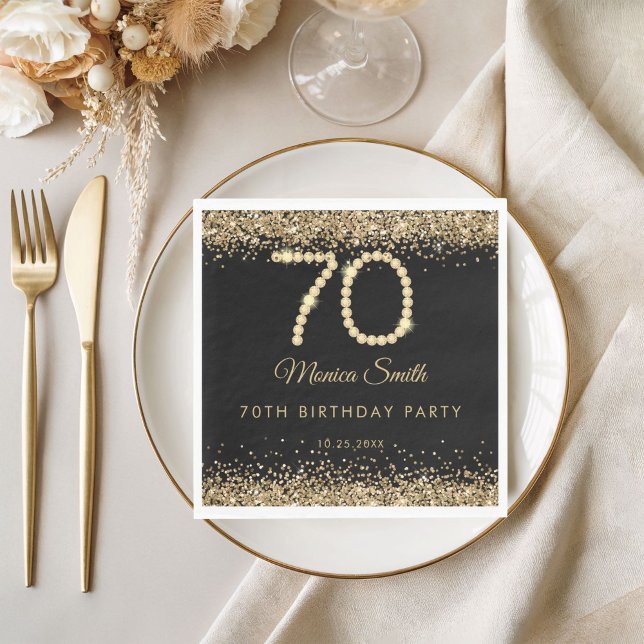 Guardanapo De Papel Elegant Gold Diamonds 70th Birthday Party  (Gold Diamonds 70th Birthday Party napkin)