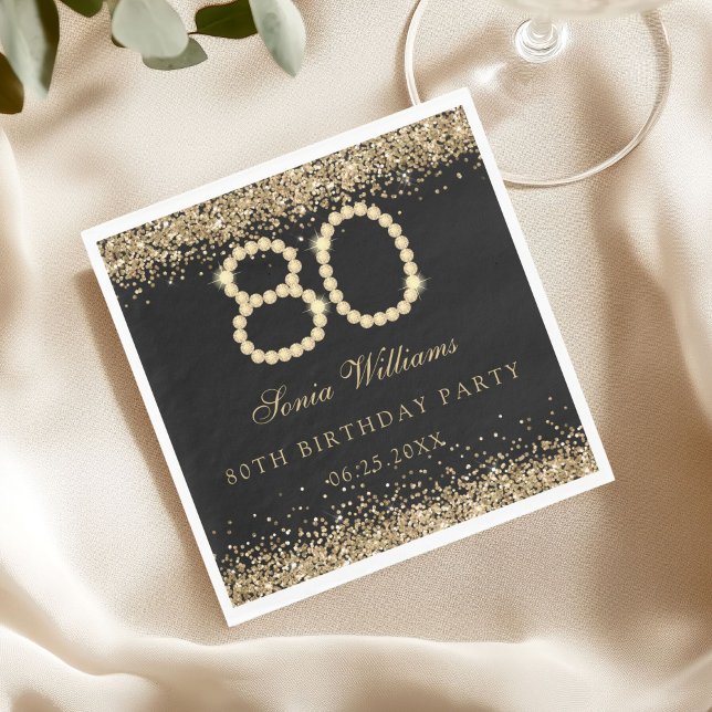 Guardanapo De Papel Elegant Gold Diamonds 80th Birthday Party  (Gold Diamonds 80th Birthday Party Napkin)