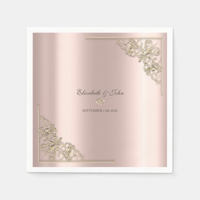 Guardanapo De Papel Elegant Gold Hearts Rose Gold Wedding  (Frente)