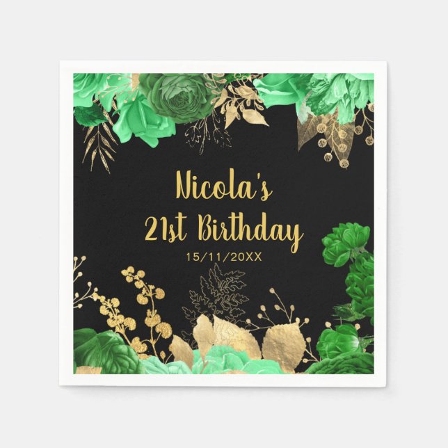 Guardanapo De Papel Elegant Green and Gold Flowers Birthday Party (Frente)