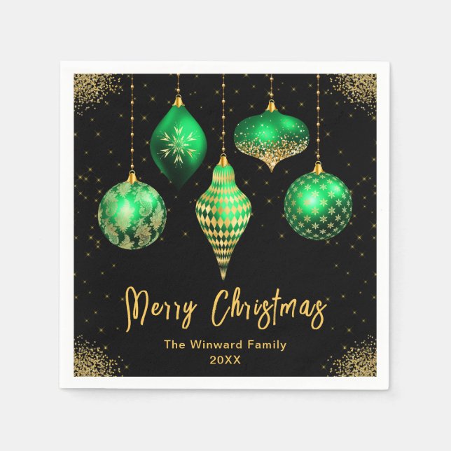 Guardanapo De Papel Elegant Green and Gold Ornament Christmas (Frente)