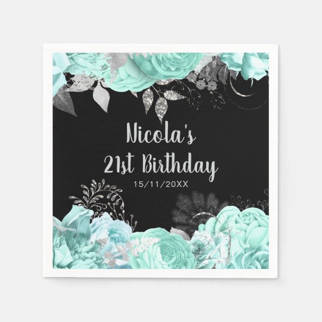 Guardanapo De Papel Elegant Green and Silver Flowers Birthday Party (Frente)