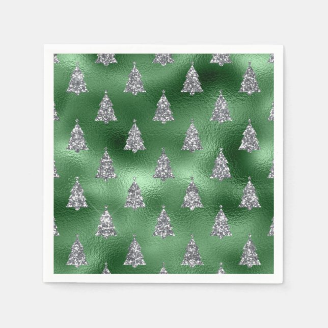 Guardanapo De Papel Elegant Green & Faux Silver Trees Christmas  (Frente)