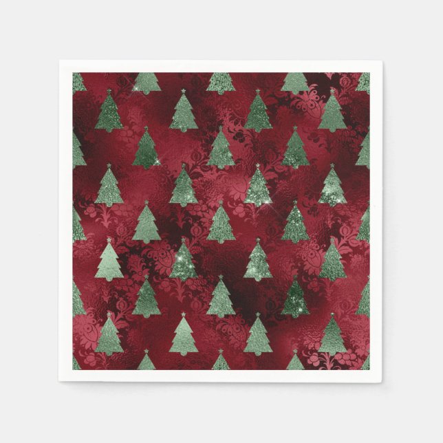 Guardanapo De Papel Elegant Green Trees Red Faux Foil Christmas  (Frente)