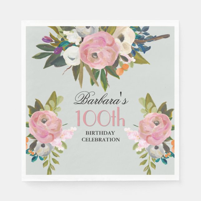 Guardanapo De Papel Elegant Handpainted Floral 100th Birthday Party  (Frente)